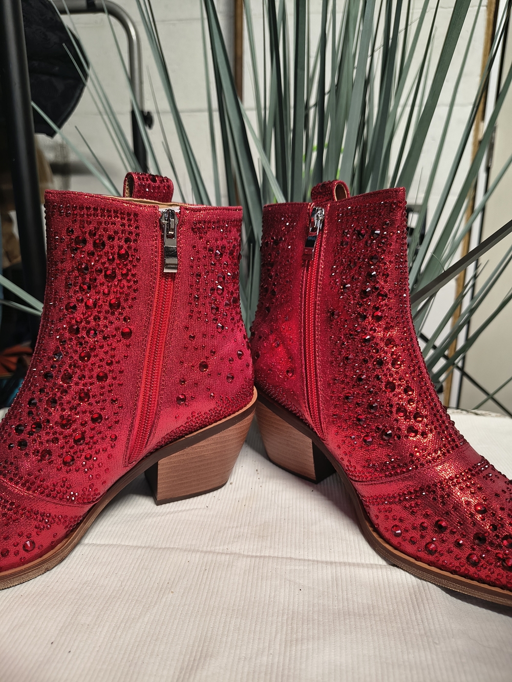Red Embellished Western Ankle Boots - Women's Fashion Boots - Picture 5 of 6